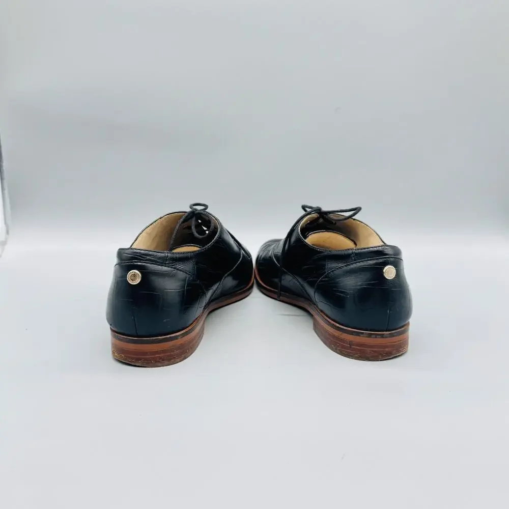 Cole Haan Shoes Women 8 Black Leather Croc Embossed Oxford Flats Lace Up Classic